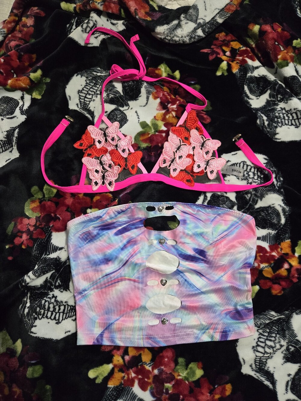 SHEIN Hot Pink Butterfly Lace Bralette & Pastel Tie-Dye Tube Top Set